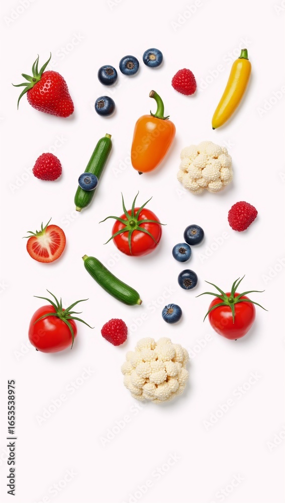 Image of assorted summer fruits berries and vegetables on a white background symbolizing healthy detox and dieting Image of assorted summer fruits berries and vegetables on a white background symbolizing healthy detox and dieting