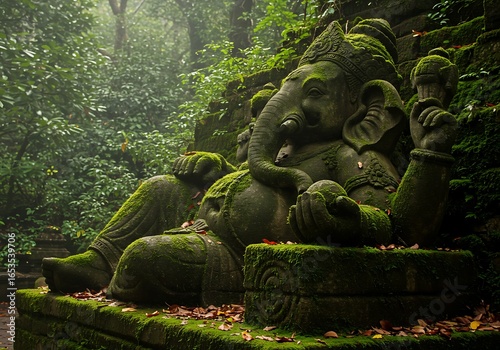 Ancient Ganesha statue overgrown with moss in a lush forest. Generative Ai