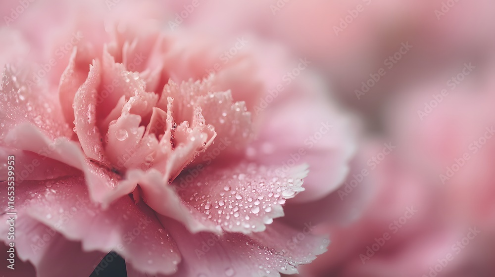 Fototapeta premium Delicate pink flower petals, covered in glistening water droplets, showcase a soft, romantic aesthetic.