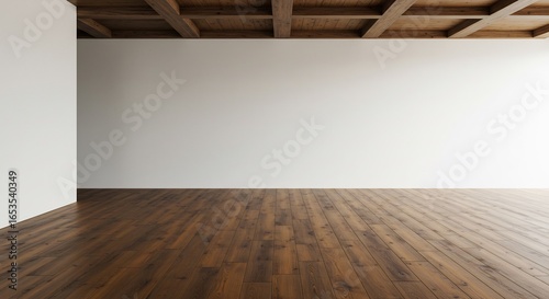 Empty room showcases warm hardwood floors and a simple wooden ceiling bathed in soft natural light. AI Generated