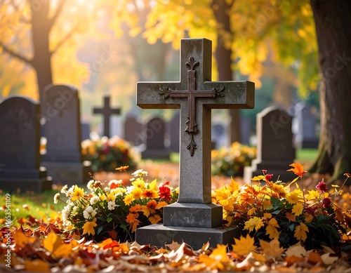 Autumnal cemetery scene with a large cross