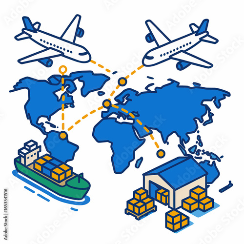 Isometric illustration of global logistics with airplanes, a cargo ship, a warehouse, and a world map connected by shipping routes.