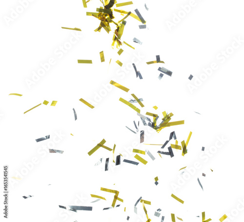 Golden Confetti Foil fall splashing in air. Gold Confetti Foil explosion flying, abstract cloud fly. Many Party glitter scatter in many group. White background isolated high speed shutter freeze