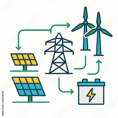 Renewable Energy System Diagram with Solar Panels, Wind Turbines, Pylon, and Battery.