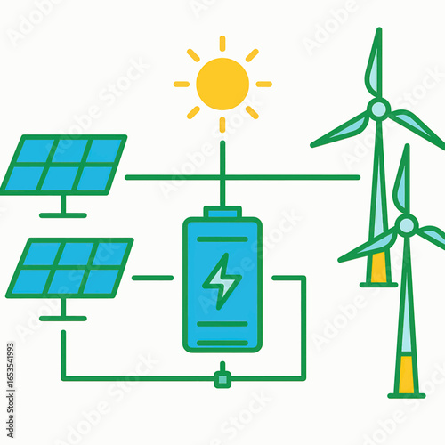 Sustainable Energy System - Solar Panels, Wind Turbines, and Battery Storage.