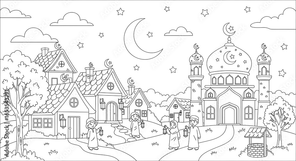 Obraz premium Children with Lanterns, Nighttime Mosque, Ramadan Coloring Page, Cute Cartoon Style, Peaceful Atmosphere