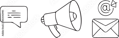 Black line art icons of speech bubble megaphone and email envelope message communication