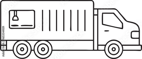 Black outline delivery truck icon with wheels and cargo window vehicle transport