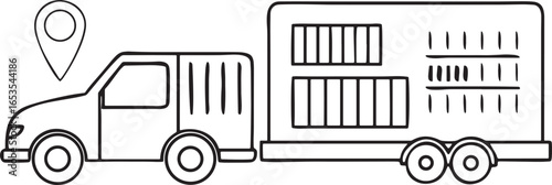 Black outline delivery truck with trailer and location pin icon lorry vehicle