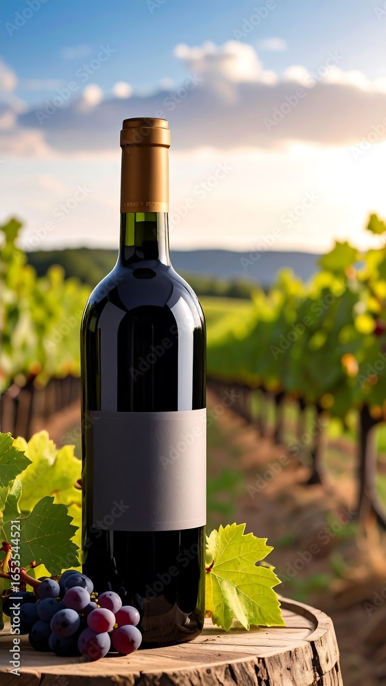 Fototapeta premium Red wine bottle amidst vineyard