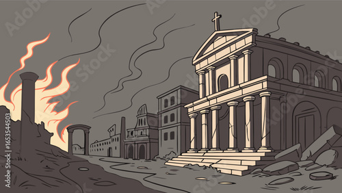 Illustration of a destroyed city with fire and smoke, ruins, and a church in the aftermath scene