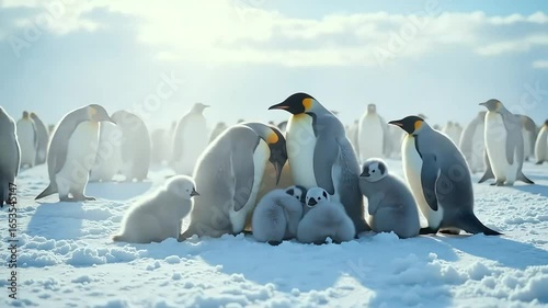 Emperor Penguin Family Huddling for Warmth in Antarctica