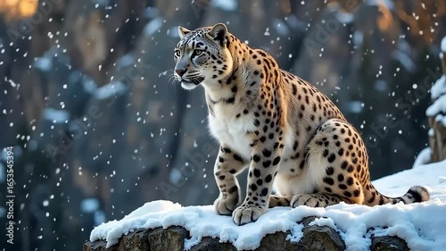 Majestic Snow Leopard Perched on Snowy Ledge in Winter Scene