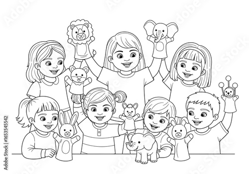 Happy Children Playing with Animal Hand Puppets: Black and White Line Art Illustration
