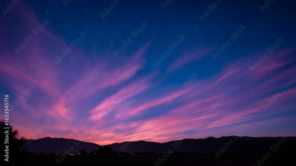 Naklejka premium A breathtaking twilight sky, filled with vibrant hues of pink and purple, displays delicate clouds against a dark blue night sky dotted with stars, over a silhouetted mountain range.