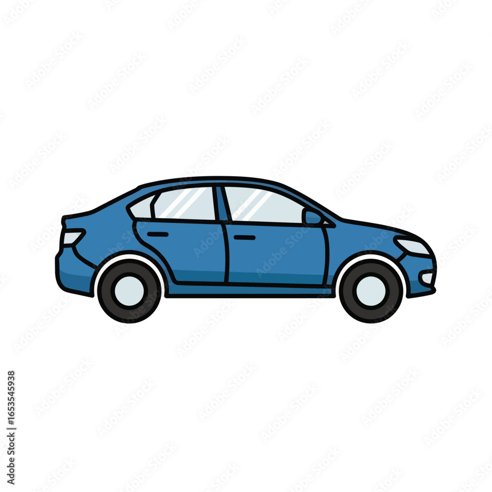 A simple blue sedan car is depicted in a side profile against a white background. A simple blue sedan car is depicted in a side profile against a white background.