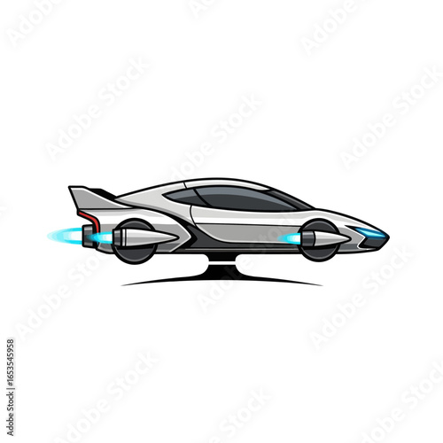 Futuristic silver flying car with blue thrusters and sleek design, hovering above the ground.