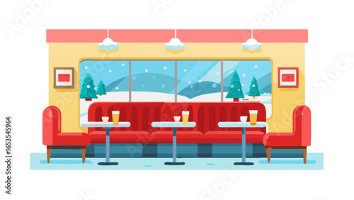 Winter cafe restaurant interior scene with snow view, red booth seating and tables vector illustration