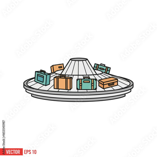 Baggage carousel with various suitcases circulating at an airport terminal, a vector illustration of luggage claim.