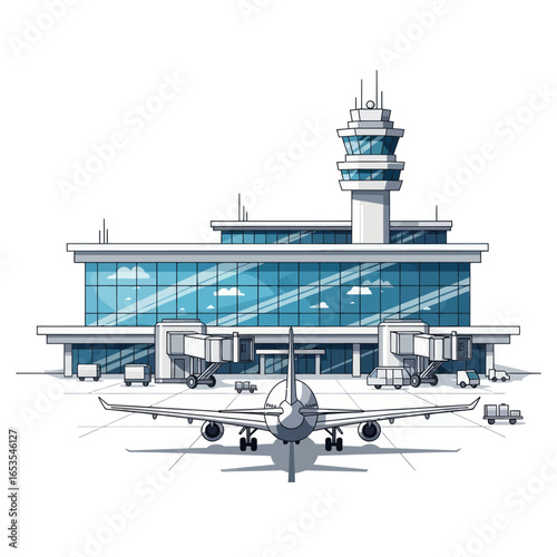 Detailed illustration of a modern airport terminal with airplanes.