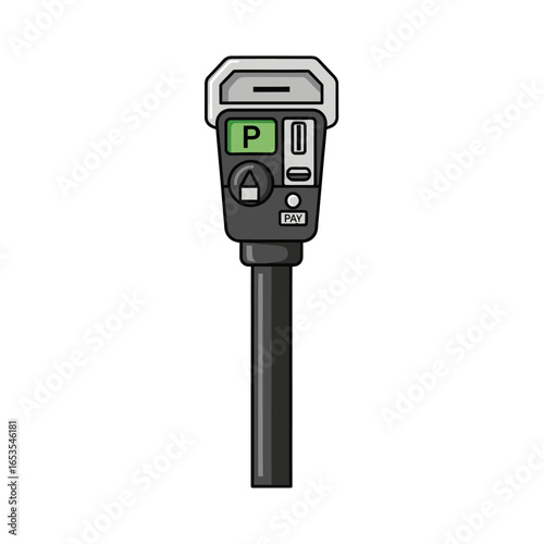 A modern parking meter with a green display and coin slot, mounted on a pole.