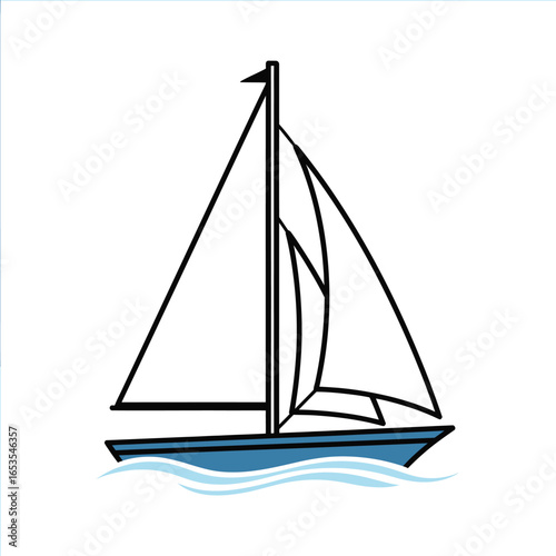Illustration of a sailboat with white sails and blue hull sailing on the water.