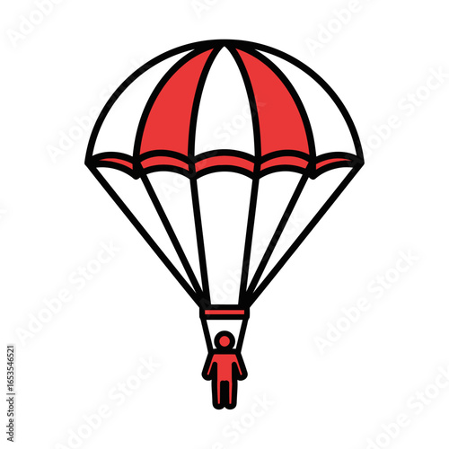 Stylized illustration of a skydiver descending under a red and white parachute.