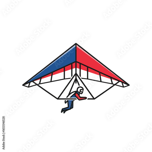 Cartoon illustration of a person hang gliding with a red and blue delta wing against a white background.