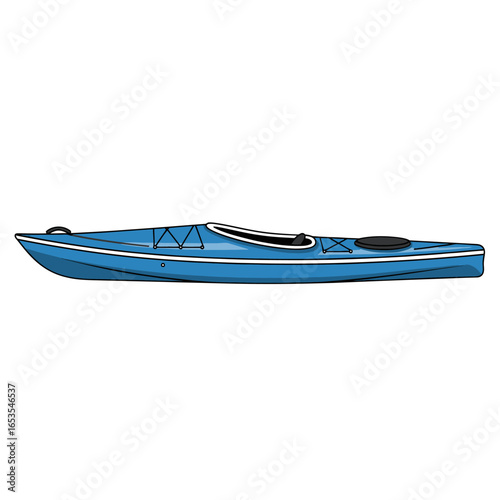 A blue kayak, a small narrow boat propelled by a double-bladed paddle.