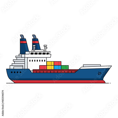 A cartoon illustration of a large blue cargo ship carrying colorful containers on the ocean.