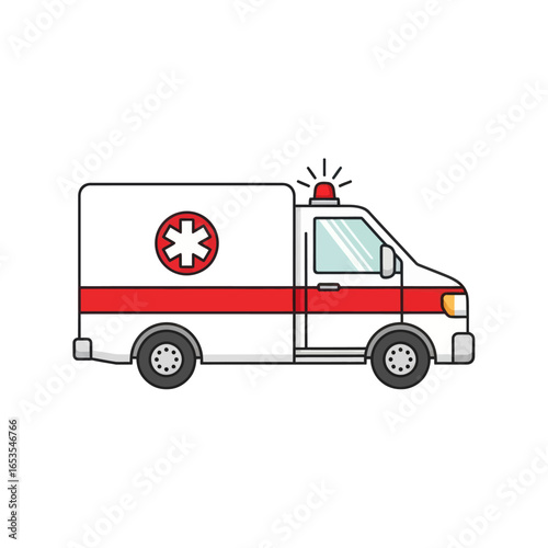 Illustration of a white ambulance with a red stripe and a star of life symbol.
