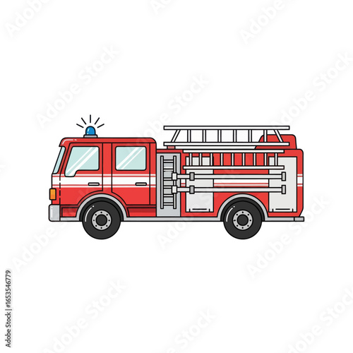 A detailed illustration of a red fire truck with a ladder and blue lights on top.