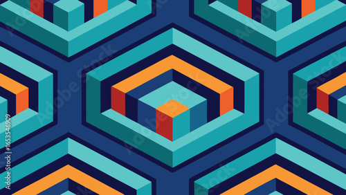 Abstract Geometric Hexagonal Pattern with 3D Illusion in Teal Orange and Blue vector illustration transparency background