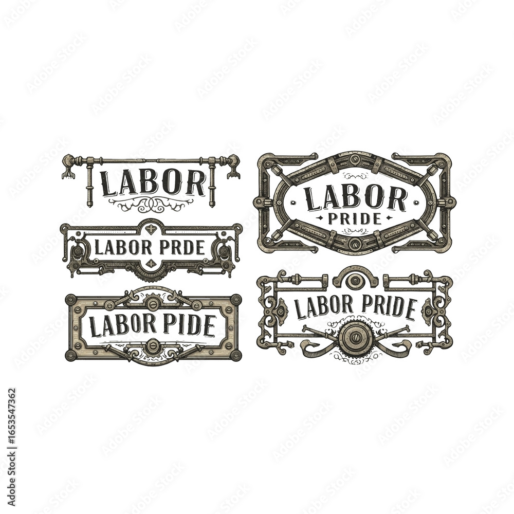 Fototapeta premium Steampunk labor pride signs industrial metal art design elements collection set