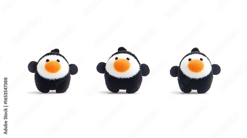 Fototapeta premium Three adorable fluffy penguins standing in a row