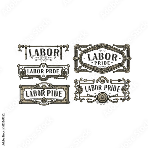 Steampunk labor pride signs industrial metal art design elements collection set