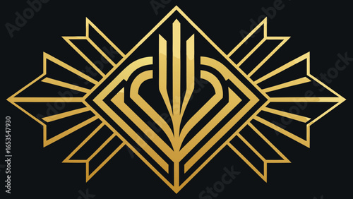Art Deco Gold Geometric Emblem on transparency background Black Background vector illustration