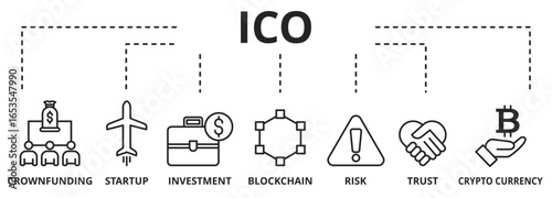 Banner Initial Coin Offering. Startup, Blockchain diagram, cryptocurrency, crowdfunding, Trust, Investment and Risk. vector illustration concept