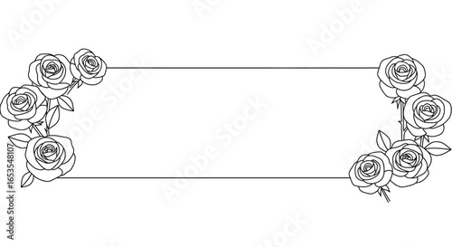 Rectangular frame adorned with rose clusters on the left and right corners, featuring delicate line art and a clean, minimalist design.