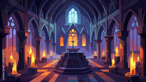 A beautiful Gothic cathedral interior or vampire lair illuminated by many glowing candles, with a sword on a pedestal and stained glass windows in a dark, mystical setting.