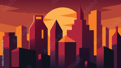 City Skyline Silhouette at Sunset with Warm Orange and Red Hues urban transparency background