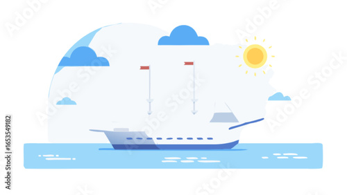 Cruise ship sailing vector illustration under the sun and clouds travel and vacation concept art