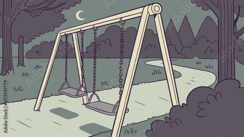 Illustration of playground swings at night with moon and trees park landscape scene drawing
