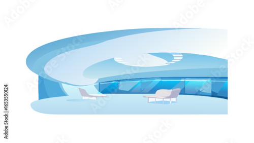 Futuristic interior design illustration of a modern lounge with chairs and curved ceiling design