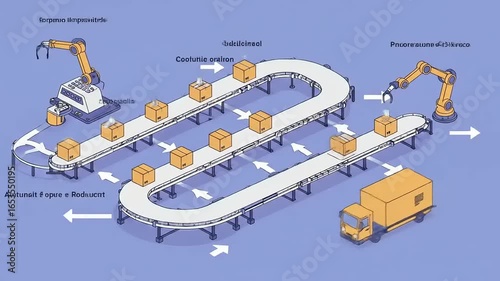 Illustration of a robotic manufacturing process from conception to delivery in a factory setting