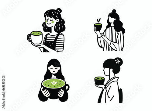 Matcha Logo, Matcha illustration, Handrawn matcha girl illustration, herbal tea logo, herbal tea illustration, matcha clipart, matcha retro logo, vintage logo