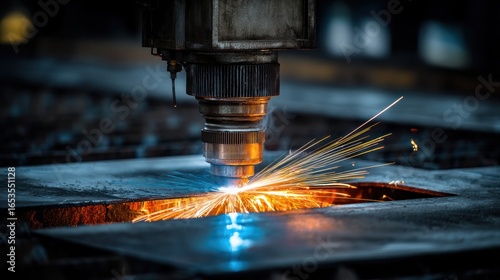 Industrial metal cutting machine in action