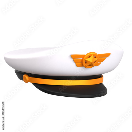 3D Render White naval captain hat with orange band and insignia; ideal for maritime branding and promotional visuals.