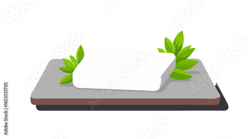 Fresh feta cheese block on plate with green herbs, healthy breakfast food illustration concept design