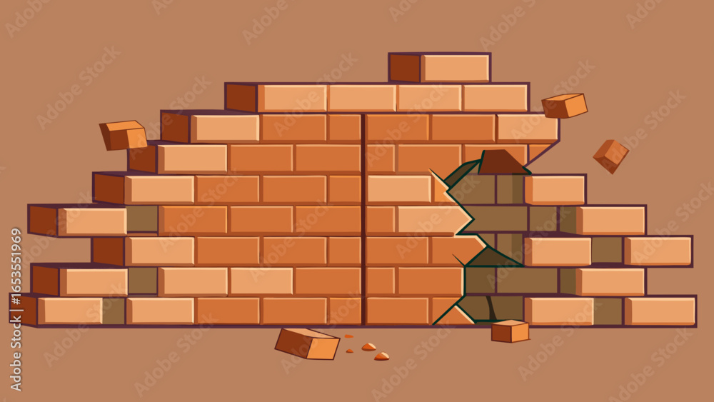 A stylized vector illustration of a red brick wall that has been violently smashed or fractured in the center, with debris flying around, symbolizing breaking barriers, damage, or construction.
